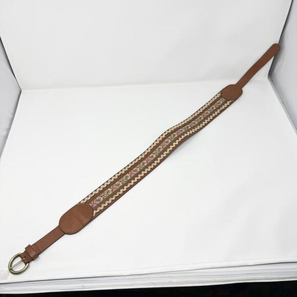 Brown Leather Folk Belt Paisley Fabric Rickrack Festival Ren Faire Peasant Sz M - Picture 6 of 12